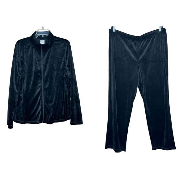 Black Velvet Tracksuit‎ Loungewear Set Zip Up Jacket Pants Cozy Athleisure XXL - Picture 1 of 7